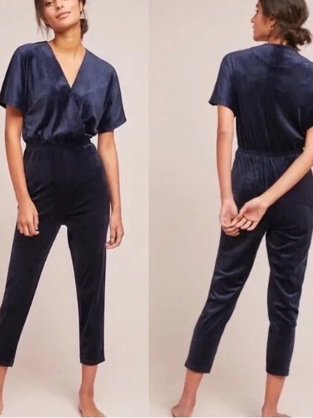 Anthropologie Saturday Sunday Velour Jumpsuit Navy Blue Size XL V-Neck